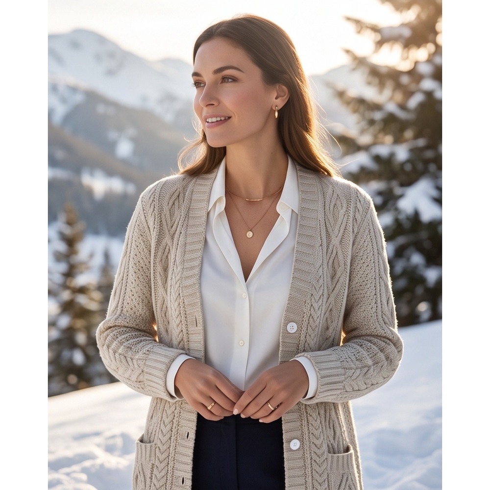 Ralph Lauren Womens L Metallic Cable Knit Cardigan Sweater Tan Beige Gold Y2K